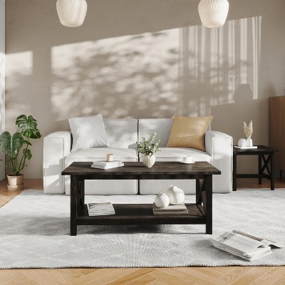 Dark Gray Solid Wood Farmhouse Coffee Table with Lower Shelf