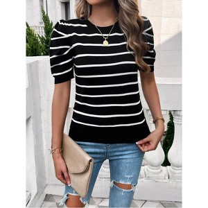 Coolmee Women's Summer Short Puff Sleeve Knit Tops Striped Sweater Trendy Business Casual Outfits Work Blouses - 1 of 4