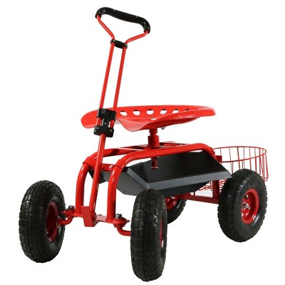 Sunnydaze Outdoor Lawn and Garden Heavy-Duty Steel Rolling Gardening Cart with Extendable Steer Handle, Swivel Chair, Tool Tray, and Basket - Red