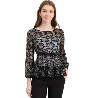 INSPIRE CHIC Women's Semi-Sheer Elegant Tie Waist Long Sleeve Floral Lace Peplum Blouses