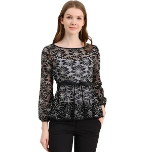 INSPIRE CHIC Women's Semi-Sheer Elegant Tie Waist Long Sleeve Floral Lace Peplum Blouses - 1 of 4
