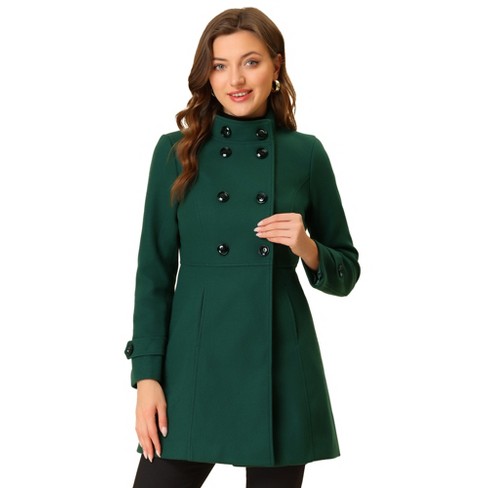 Allegra K Women's Stand Collar Double Breasted Slant Pockets Trendy Outwear  Winter Coat Green Large