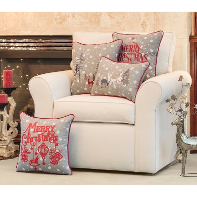 Grey and White Embroidered Christmas Lumbar Throw Pillow