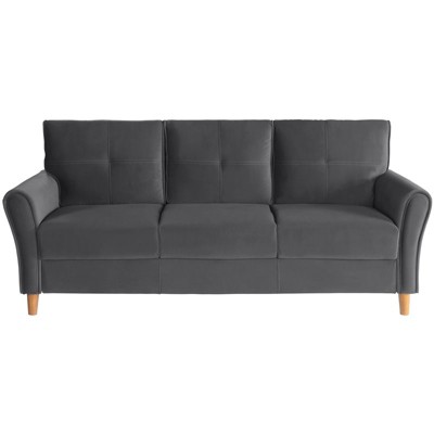 Gray Velvet Tufted Sofa with Walnut Wood Legs