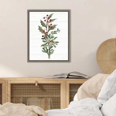 Christmas Holly and Mistletoe Canvas Wall Art Print with Greywash Frame