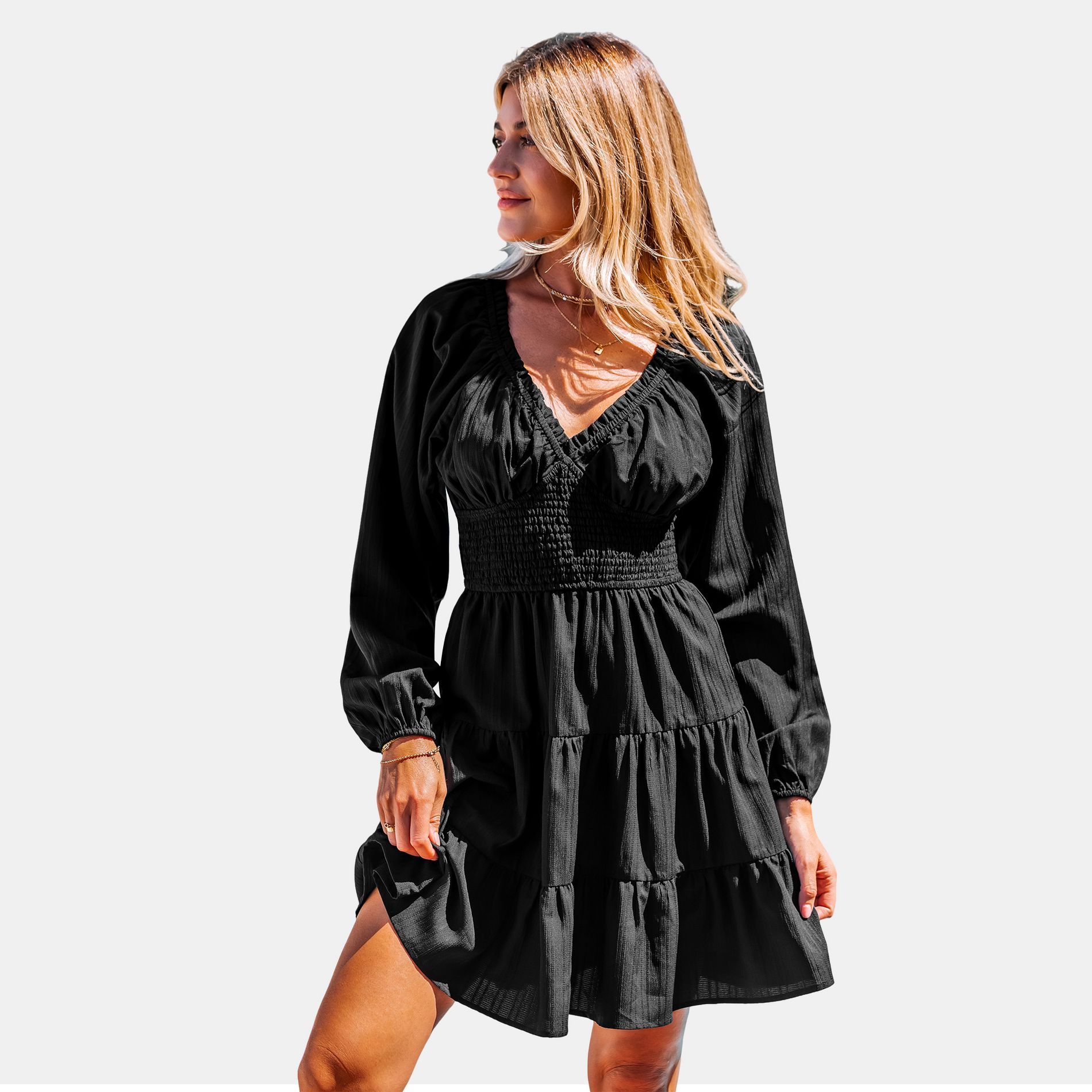 Women's Black Mini Dress with Tiered Ruffles for Effortless Charm - Cupshe-L-Black