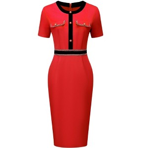 Hobemty Women's Round Neck Short Sleeve Contrast Color Elegant Sheath Pencil Dresses - 1 of 4