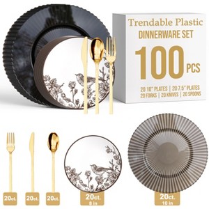 Trendables  Rustic Plastic Dinnerware Set Serves 20 | Plastic disposable plates & disposable Gold fork Gold Spoons and Gold knives- 100 PCs - 1 of 4