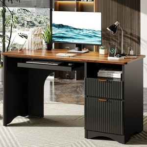 Bestier 55" Computer Writing PC Desk Home Office with Power Outlets Keyboard Tray and Storage Drawers, Walnut - 1 of 4