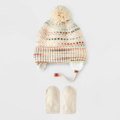 Image of Baby Striped Pom Hat and Mitten Set - Cat & Jack™ Cream Newborn