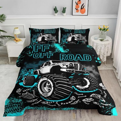 Truck Comforter Set Queen Size – 3Pcs Black Pickup Quilt with Skull Skeleton Design, Cool Car Bedding for Boys Teens Men, All Season Bed Set