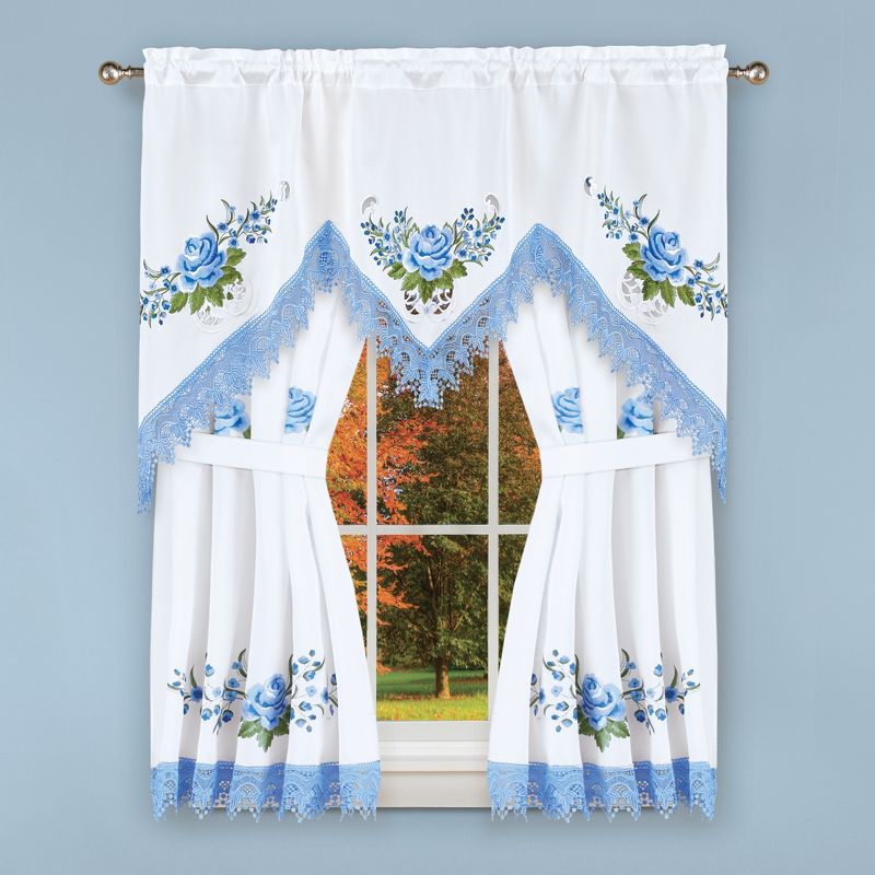 Collections Etc Embroidered Blue Rose with Lace Window Drapes, 3 of 4