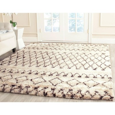 Ivory and Dark Brown Geometric Wool Shag Area Rug