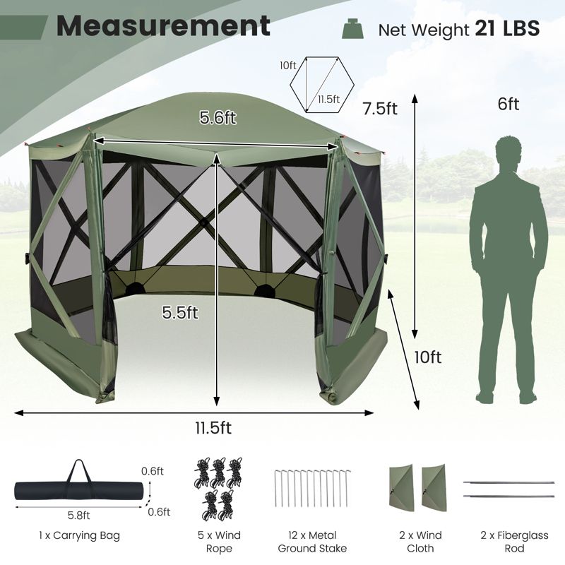 Costway 11.5 X 11.5 FT 6-Sided Pop-up Screen House Tent With 2 Wind Panels for Camping Coffee/Green, 3 of 11