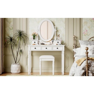 Vynxaria Vintage Vanity Desk Set with Adjustable Mirror, Cushioned Stool, and 5 Velvet-Lined Drawers
