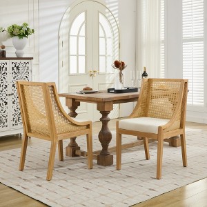 Racxily Rattan Dining Chair, Solid Wood Frame with Linen Upholstered Seat & Armrests for Kitchen & Dining Room - 1 of 4
