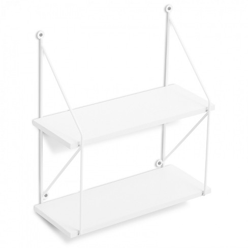 americanflat floating shelf 2 tiered in white composite wood with metal wire bracket wall mounted 15 x 16 25 6 target etched mirror