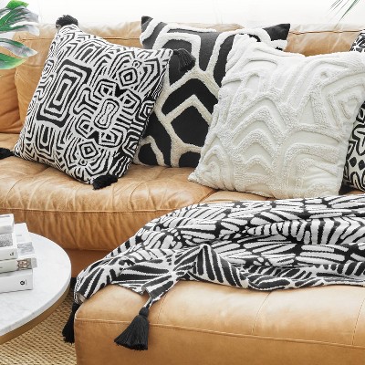 Rochelle Porter Black and White Cotton Accent Pillow with Tassels
