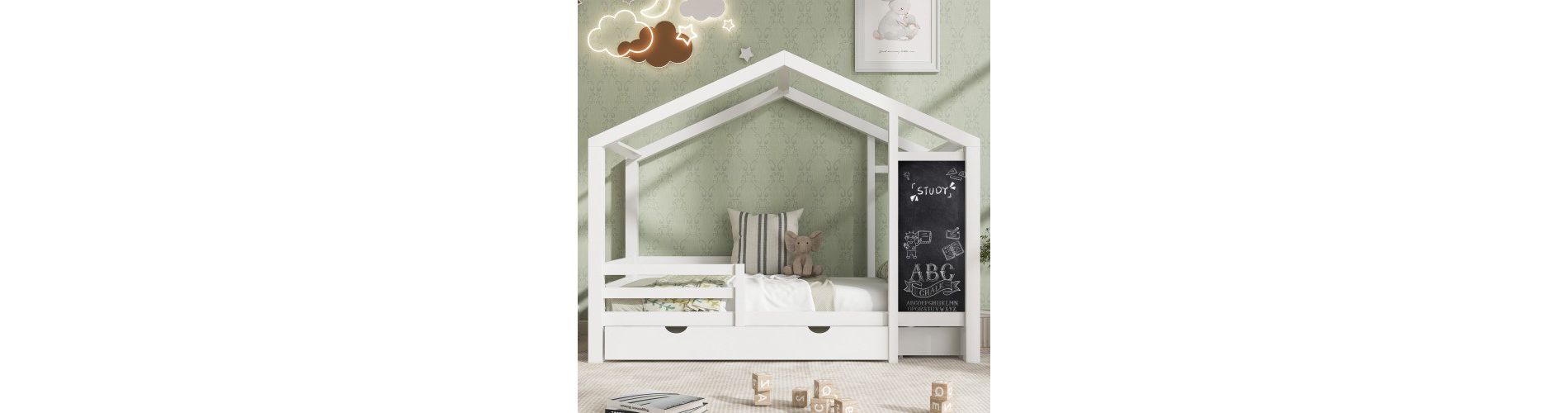 House Bed Frame With Roof, Full Size Floor Beds, Fun Playhouse Bed Frames, With Blackboard And Drawers, 2 Assembly Options For Toddlers Home, White