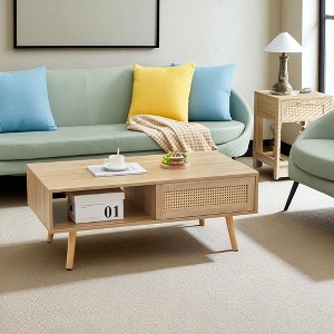 Mshliw 41" Rattan Coffee Table with Sliding Door Storage, Modern Farmhouse Rectangle Center Table with Solid Wood Legs for Living Room - 1 of 4