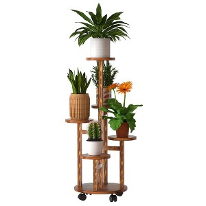 NewHome"5-Tier Rolling Plant Stand with Detachable Wheels - Wooden Display Rack for Indoor and Outdoor Decoration"DarkBrown - 1 of 4