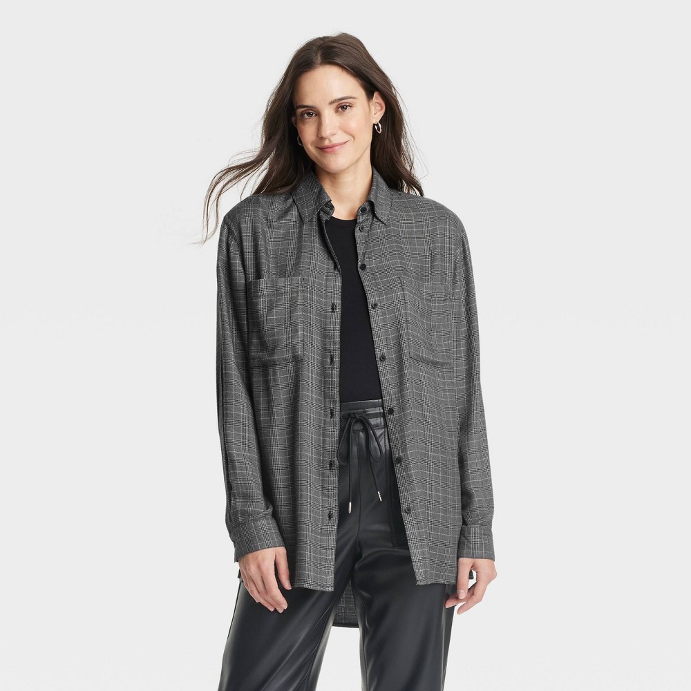 Women's Oversized Long Sleeve Flannel Button-Down Shirt - A New Day Black Plaid S