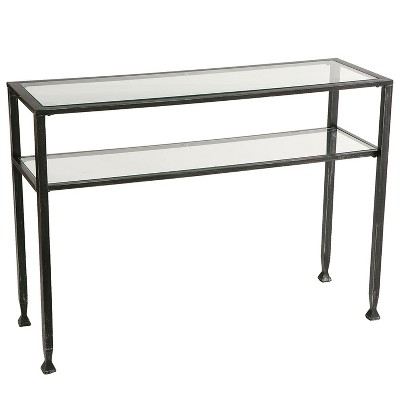 SEI Furniture Jaymes Distressed 2 Tier Media Console Accent Table with Glass Shelf and Slim Contemporary Rectangular Brushed Finish