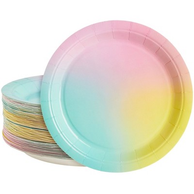 Rainbow Pastel Party Decorations, Gold Foil Happy Birthday Plates
