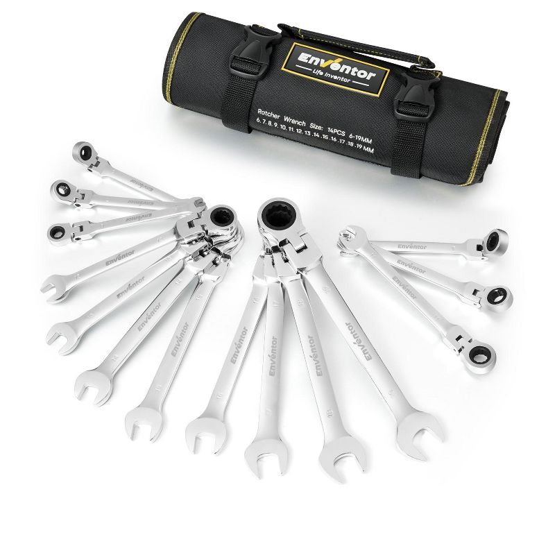 Enventor 14-piece Flex-Head  Ratcheting Combination Wrench Sets, CR-V Steel, 72-Teeth, with Carrying Bag, 1 of 7