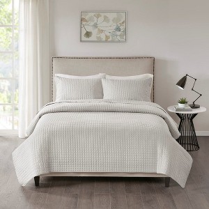 Sapphtopaz Comforter Set Bedding Set Solid Color Square Check Pattern Reversible Quilt Set 3 Piece 1 Quilt, 2 Pillow Shams - 1 of 4