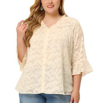 Agnes Orinda Women's Plus Size 3/4 Flare Sleeve V Neck Ruffle Lace Semi Sheer Button Down Shirts