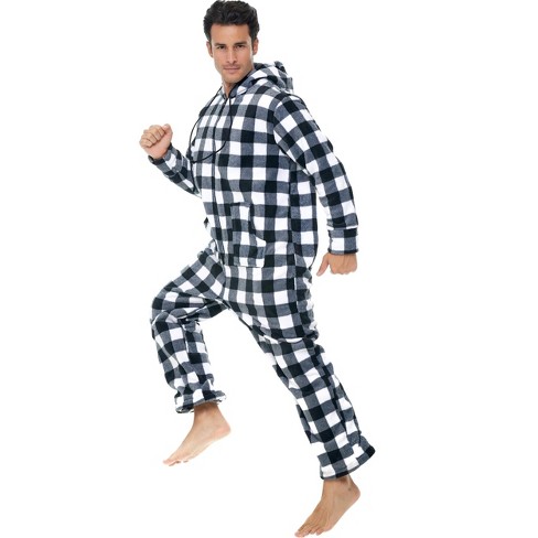 Adr Adult One Piece Pajama Men s Winter Pajamas With Zipper Hooded Footed Mens Pajama Set Buffalo Check White Black Xl Target