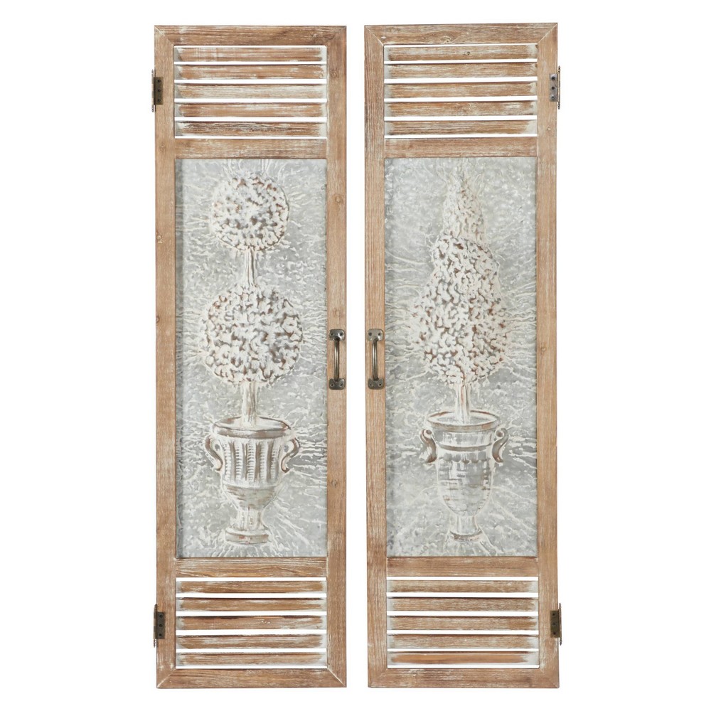 Photos - Wallpaper Set of 2 Metal Tree Relief Wall Decors with Louvered Design Brown - Olivia