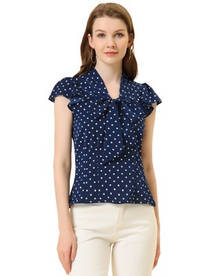 INSPIRE CHIC Women's Polka Dots Tie V Neck Flutter Cap Sleeve Blouse