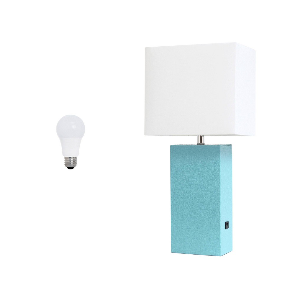 Lalia Home Lexington 21" Leather Base Modern Table Lamp with USB Charging Port and Feit LED (Includes LED Light Bulb) Aqua Blue