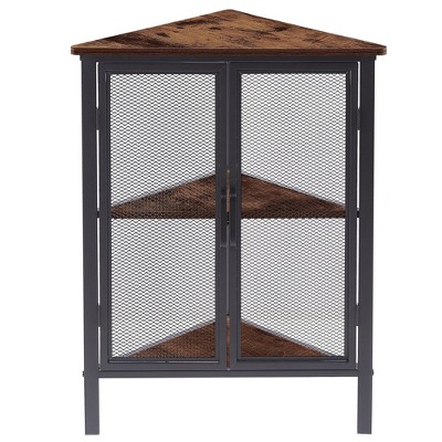 VECELO Corner Accent Cabinet, 3 tier Corner Storage Cabinet with 2 Mesh Doors and Wooden Shelves, Free-Standing Organizer for Compact Space