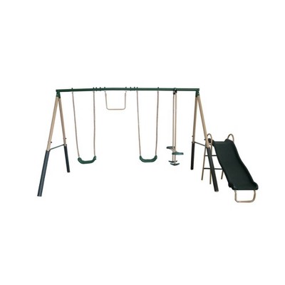 XDP Recreation Central Park Swing Set, 6 Child Capacity, Backyard Playset with Slide, Trapeze Swing, Fun-Glider, and 2 Traditional Swing Seats, Green