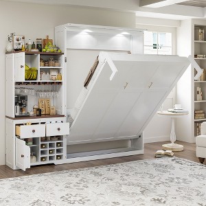 Queen Size Murphy Bed Foldable Bed Space-saving Wall Bed with LED, Storage Cabinet, Drawers, Glass Holder & Wine Rack - ModernLuxe - 1 of 4