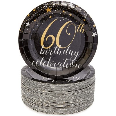 Blue Panda 80-Count 60Th Birthday Celebration Disposable Paper Plates 7 inches Black Party Supplies