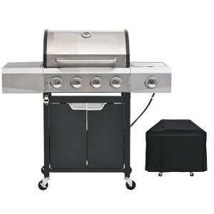 4-Burner Propane Gas Grill in Stainless Steel with Side Burner, Condiment Rack and Built-in Thermometer with Grill Cover - 1 of 4