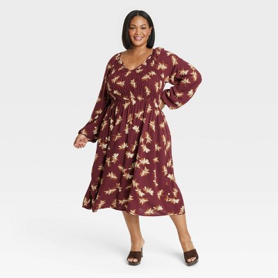 Women's Balloon Long Sleeve Smocked Midi Bodice Dress - Ava & Viv™ Burgundy  Floral 4x : Target