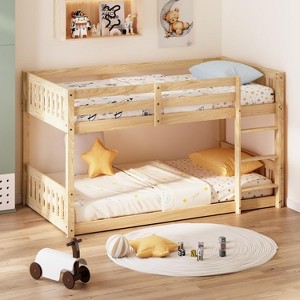 JOYMOR Low Twin Over Twin Bunk Bed for Kids/Junior, Wood Twin Bunk Bed Frame with Guardrails & Ladder for Boys Girls, Mattress Not Included - 1 of 4
