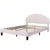 Beige - Queen Upholstered Bed Frame With Headboard Modern Velvet Platform Beds With Flower Pattern Wooden Slats Support - 2 of 4