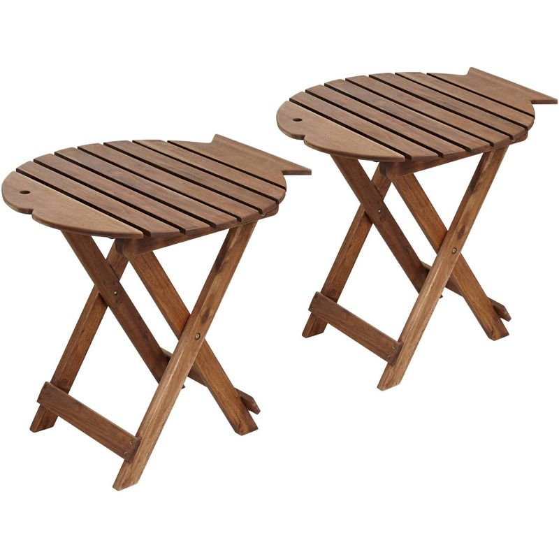 Teal Island Designs Farmhouse Rustic Acacia Wood Outdoor Accent Tables 21" x 19" Set of 2 Natural Folding Slat Fish Tabletop for Spaces Patio Balcony, 1 of 8