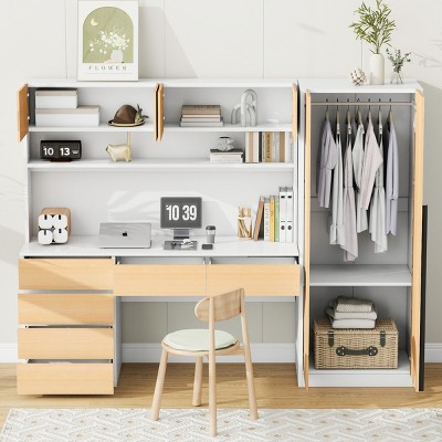 2 Door Wooden Storage Desk Wardrobe For Bedroom With Shelves And Drawers, Armoire With Desk Inside With Efficient Storage Design-Cuddlewood