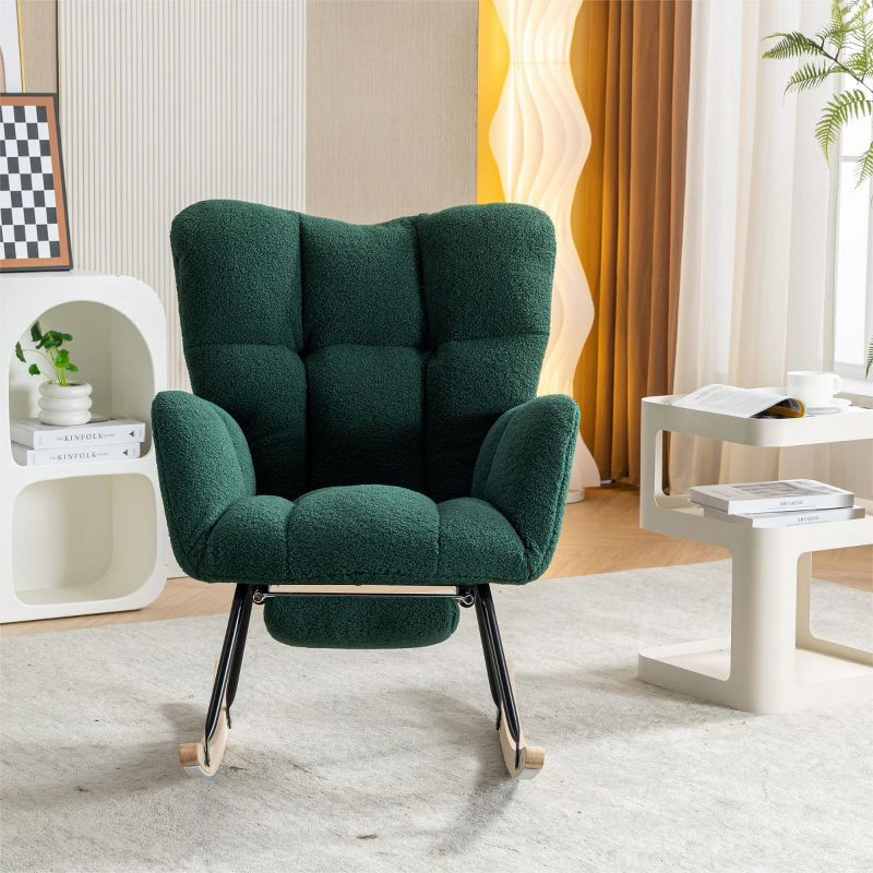 April Upholstered Glider Rocker with Footrest,Nursery Rocking Chair With Footrest,with High Backrest Mid Century Rocking Chair-Maison Boucle‎, 3 of 9