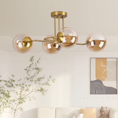 PAKOKULA 4-Light Gold Sputnik Modern Linear Bubble Semi-Flush Mount Ceiling Light with Amber Glass Shade