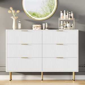 6 Drawer Fluted Dresser for Bedroom, Large Modern Chest with Gold Handles, Wood Storage Organizer for Living Room, Hallway, or Entryway - 1 of 4