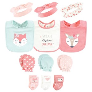 Hudson Baby Infant Girl Caps or Headbands, Bibs, Mittens and Socks 12pc Set, Woodland, 0-6 Months - 1 of 4