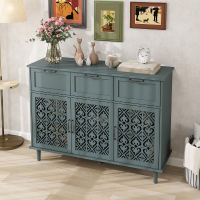 Okak Antique Bedroom Dressers 3 Door 3 Drawer Cabinet with Cutout Pattern Solid Wood Legs, Wooden Chest of Drawers for Bedroom/Entryway/Study, Green